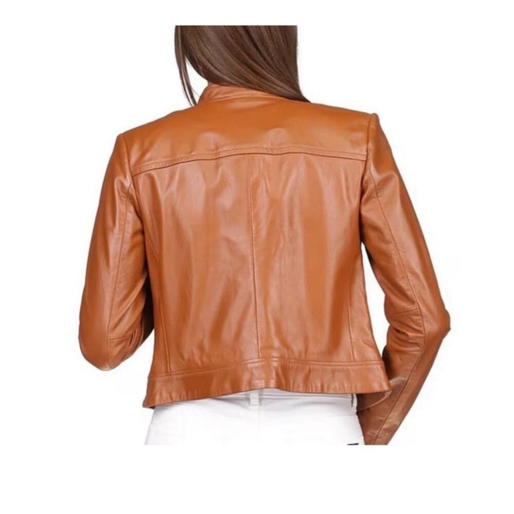Michael Kors Carmel Brown Moto  100 % leather jacket medium small - Picture 5 of 15